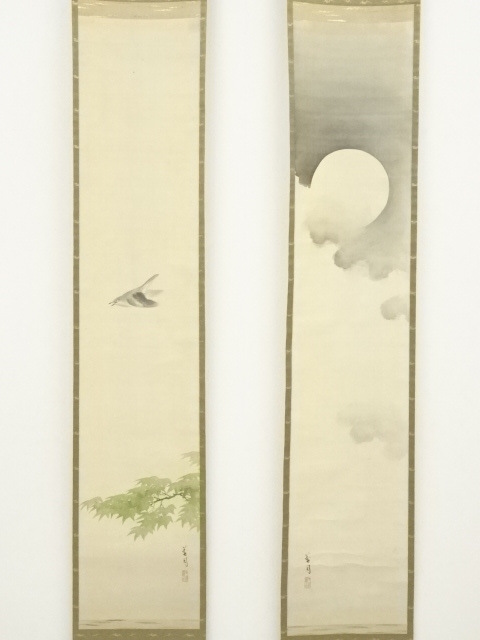 道具 ] - 道具 中川蘆月筆 月・ほとどぎす 双幅 肉筆絹本掛軸